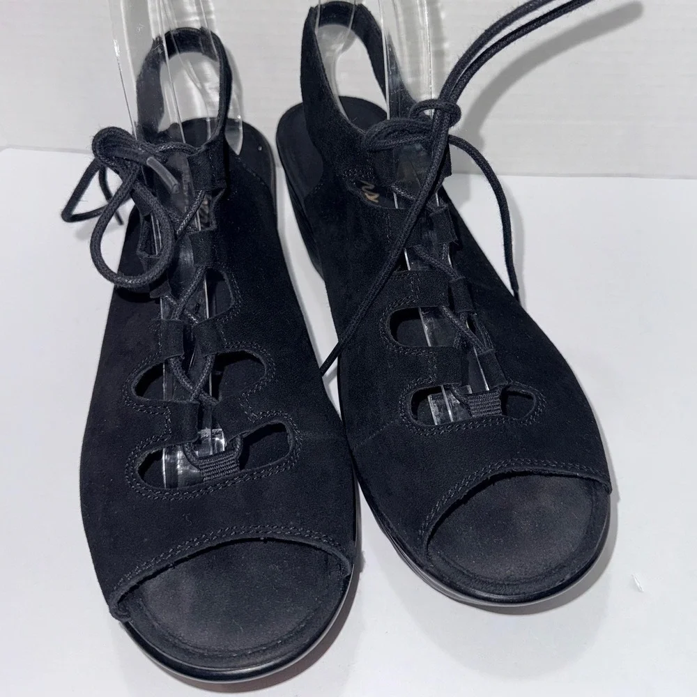 Skechers Parallel LaceUp Wedge Suede Sandals Women 8.5 Black Grunge Comfort Goth